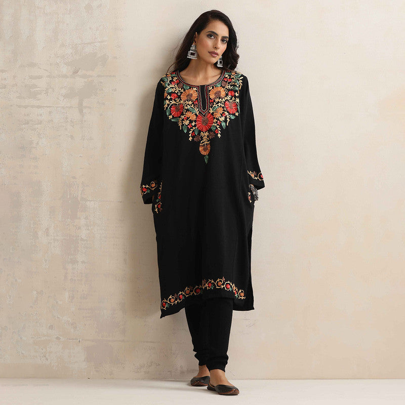 Woolen Kurta For Women | Floral Embroidered | Black、mySite、camillekostekn