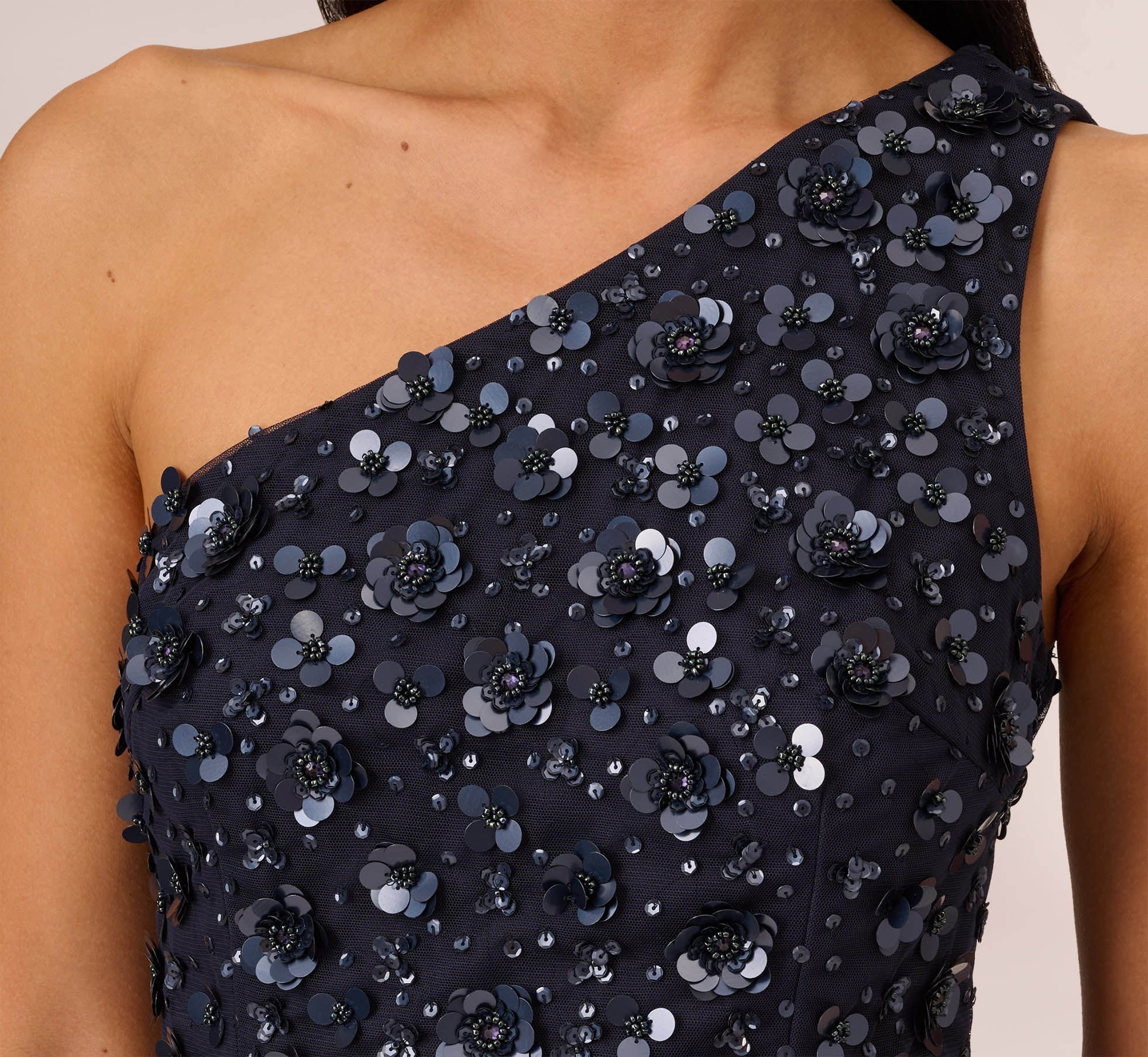 3D Floral Hand-Beaded One-Shoulder Long Column Gown In Dusty Navy、mySite、solidvoid