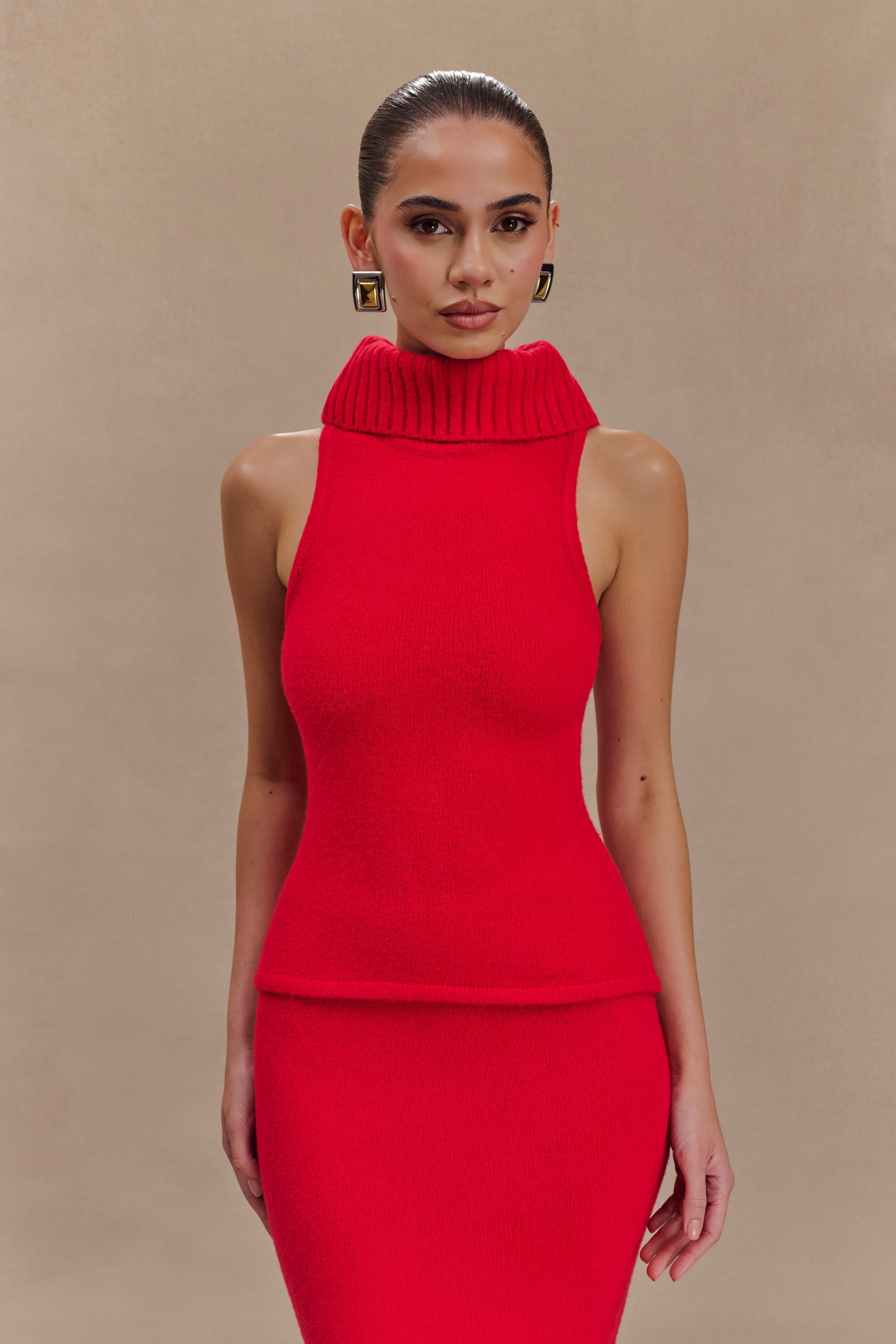 Elise Roll Neck Knit Top - Red、mySite、solidvoid