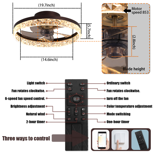 Low Profile Ceiling Fan with Light and Remote Control, Dimmable LED Ceiling Fan, 6 Speeds, Timing Reversible Blades, Brown, 20"、、eastwooduniform