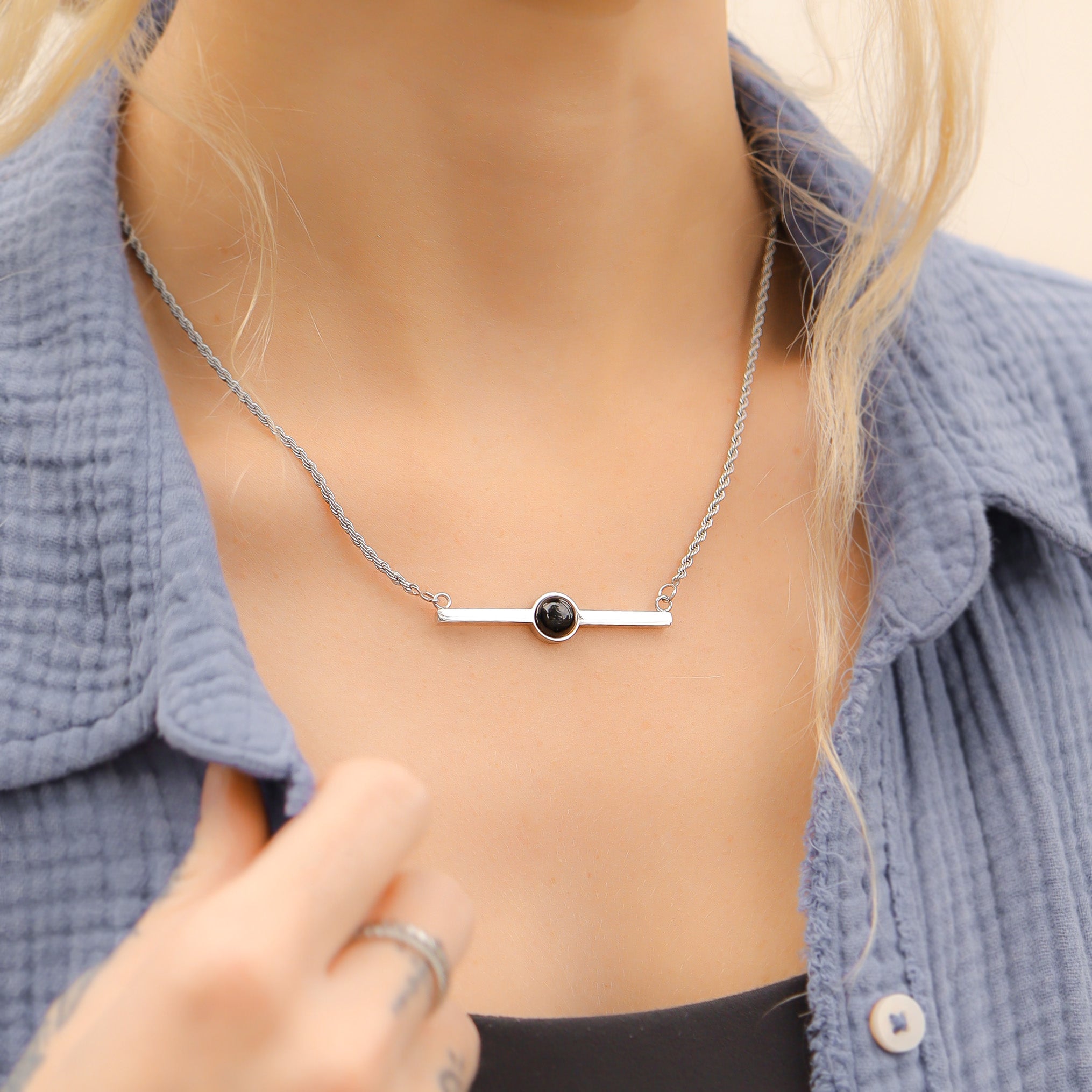 18K Gold PVD Stainless Steel Semi Precious Natural Stone Bar Necklace / CHN9965、mySite、dreamappss