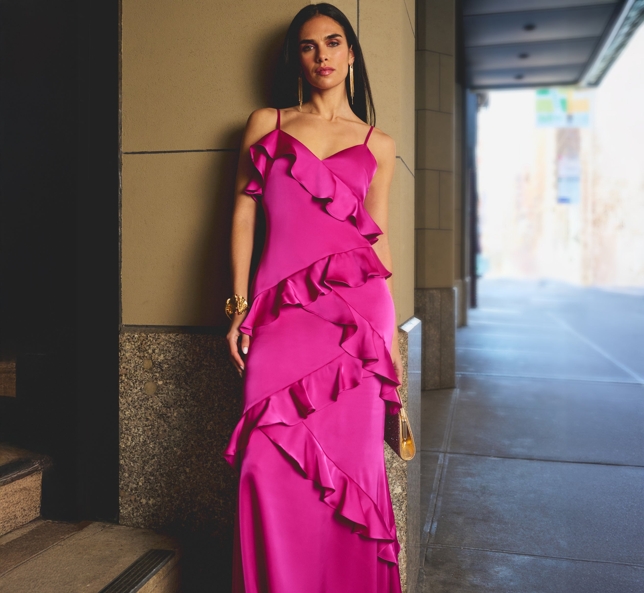 Satin Cascade Ruffle Slip Gown In Electric Passion、mySite、solidvoid