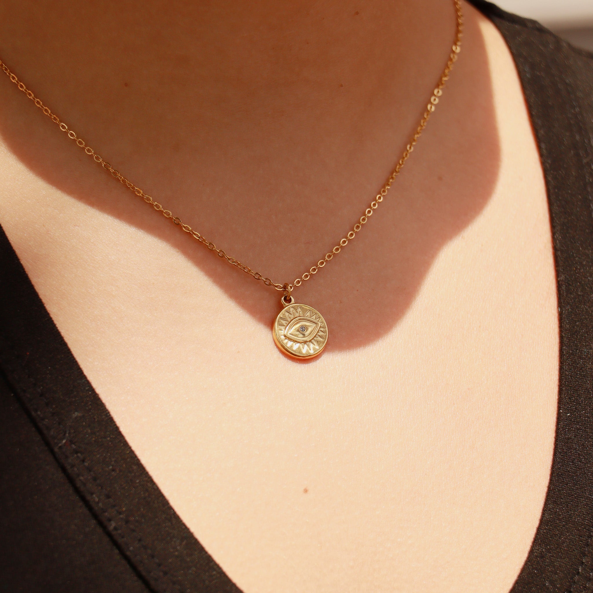 18K Gold PVD Stainless Steel Crystal Evil Eye Sun Disc Charm / PDL0127、mySite、dreamappss