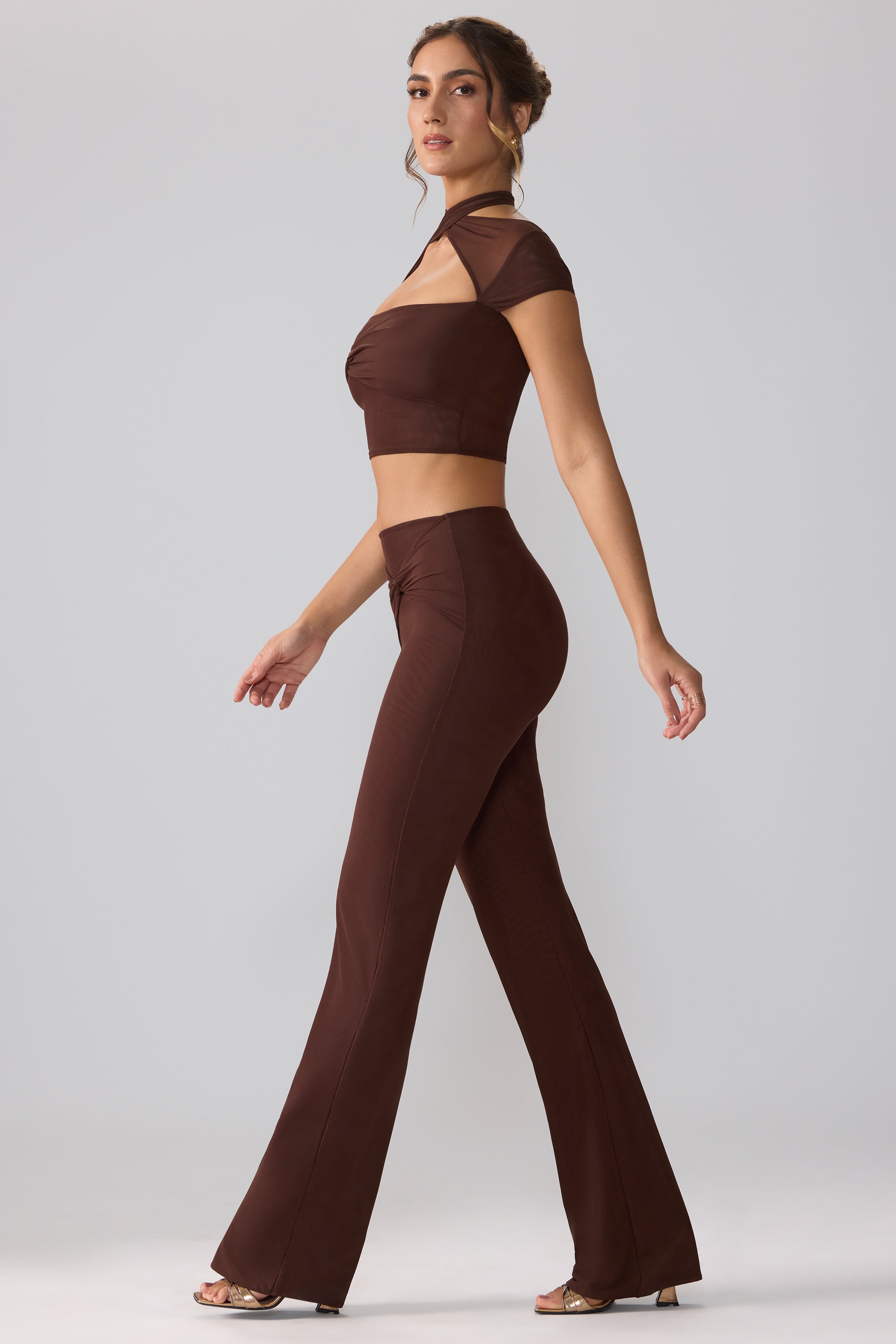 Mesh Mid Rise Twist Overlay Flare Trousers in Espresso、mySite、solidvoid