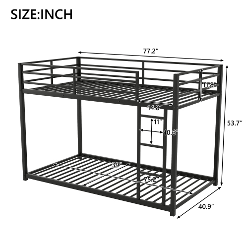 Full over Full Metal Bunk Bed, Low Bunk Bed with Ladder, Black(Old SKU:MF197034AAB)、、casual