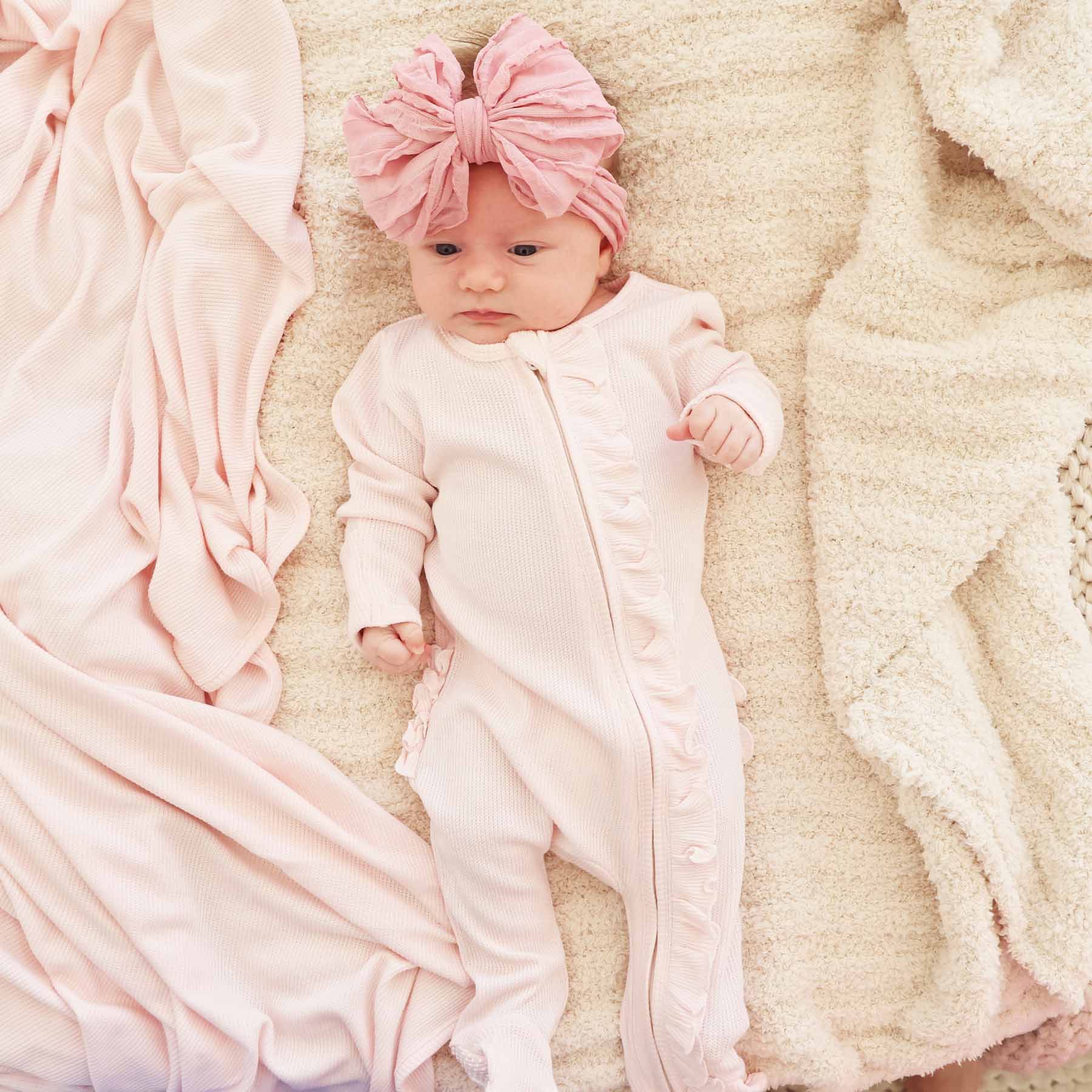  Pearl Pink Bamboo Waffle Zipper Ruffle Footie、mySite、layawaytickets