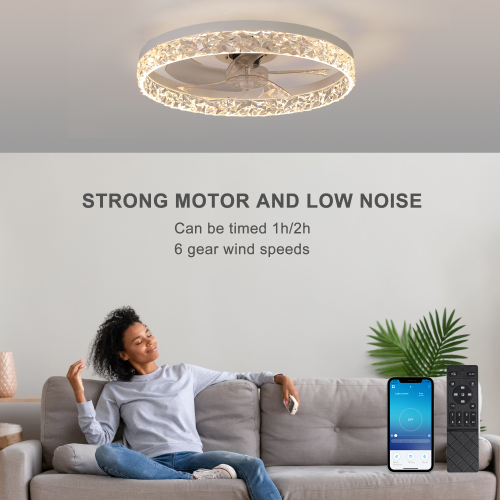 Modern Acrylic Ceiling Fan Light with Remote Control, Dimmable LED Chandelier, 6-Speed Adjustable, Quiet Motor, Flush Mount Design for Living Room, Bedroom, Dining Room、、eastwooduniform