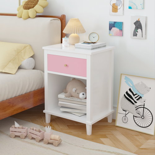 26.77''H Wooden Nightstand with One Drawer One Shelf for Kids, Adults, White+Golden handle、、casual