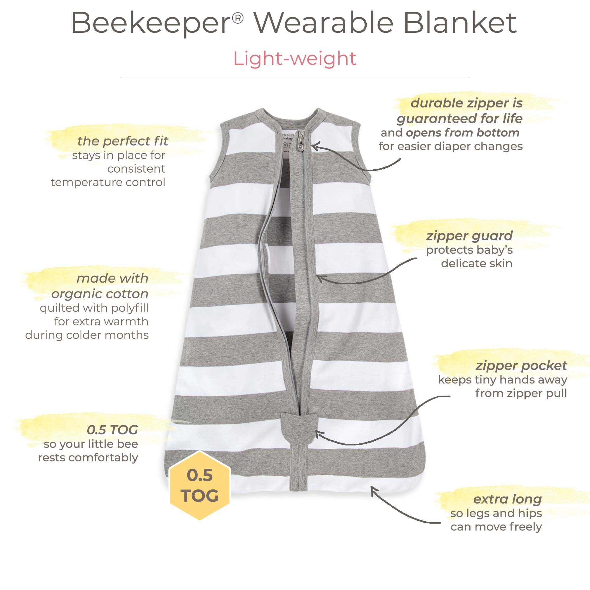 Rugby Stripe Organic Beekeeper™ Wearable Baby Blanket - Heather Grey、mySite、g9winljtr