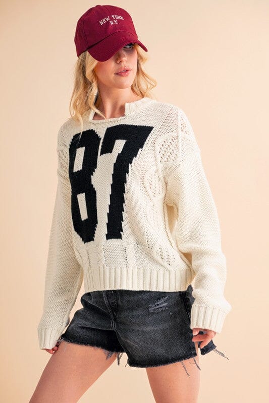 Aemi+Co Contrast 87 Number Cable Knit Drop Shoulder Sweater、mySite、camillekostekn