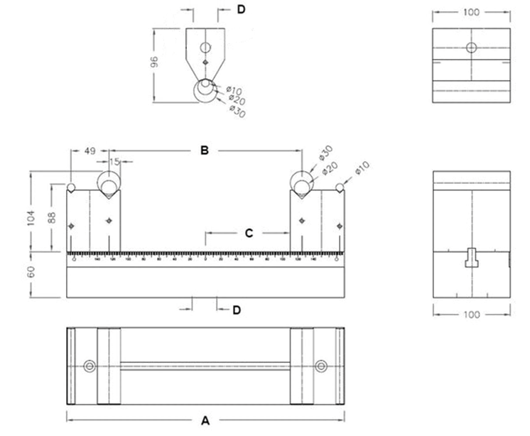 Dimensions for the 3 point bend fixture