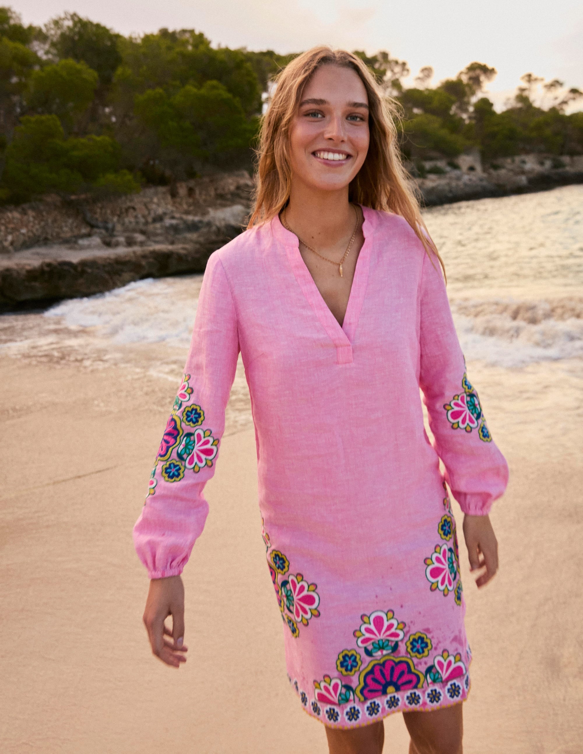  Cleo Tie Waist Linen Dress-Pink Chambray Embroidery、mySite、ashleygrahame