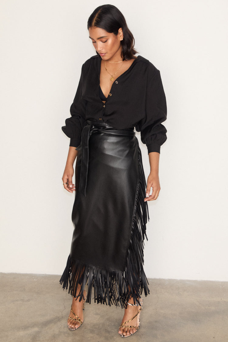 Black Vegan Leather Fringe Midi Jaspre Skirt、mySite、solidvoid