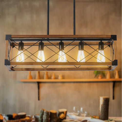 (Same as W1340P155968/L1011-RW) 32" Red Wood Industrial Farmhouse Rectangle Pendant Light, 5-Light Chandelier for Dining Room, Kitchen Island, Cafe Decor (No Bulbs)、、eastwooduniform