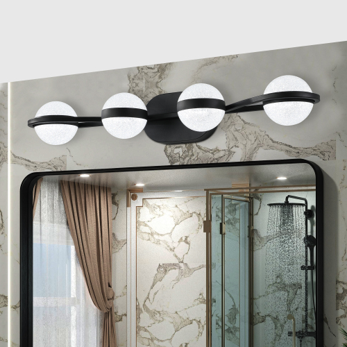 (Same as W1340P143677/L2001-B-4) 30" Black Minimalist LED Bathroom Vanity Light with Crystal Sand Acrylic Shades, 4-Light Wall Mounted Decorative Lighting Fixture, Suitable for Bathroom Vanity Mirror、、eastwooduniform