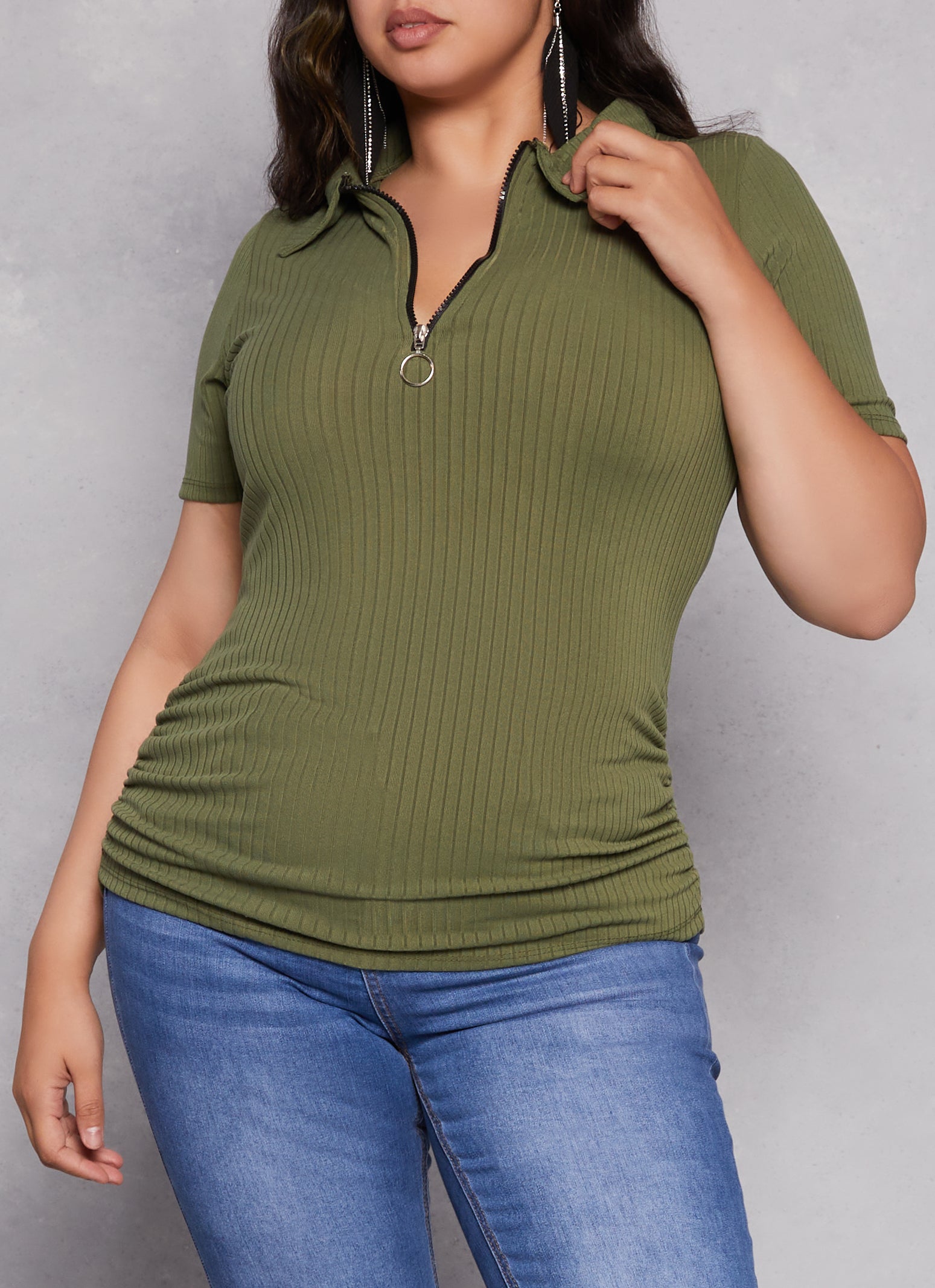 Plus Size Ruched Half Zip Polo Shirt、mySite、camillekostekn