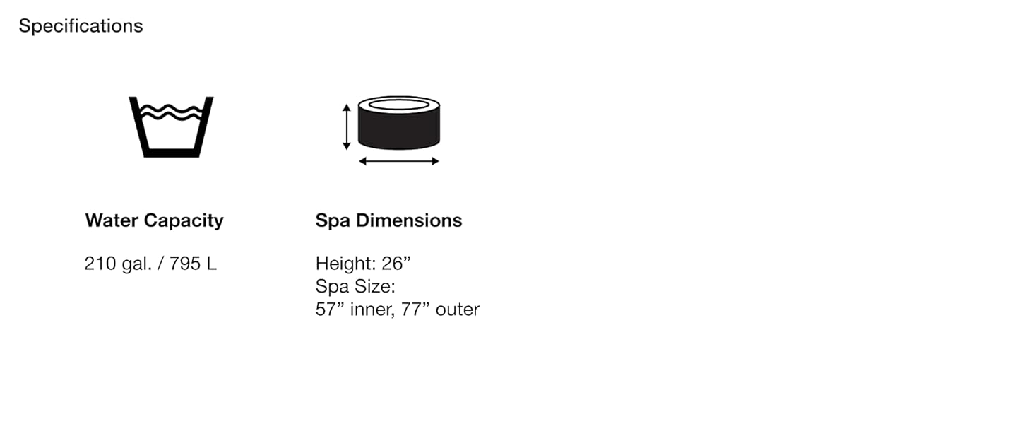 image showing 210 gal (795 L) water capacity and spa dimensions: 26"H, 57" inner, 77" outer.