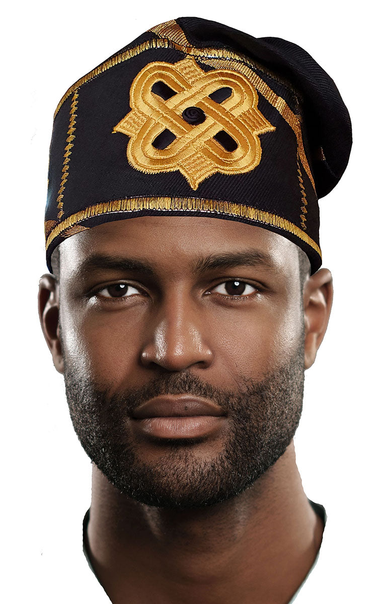 Black and Gold Embroidered African Hand woven Aso Oke Hat、mySite、solidvoid