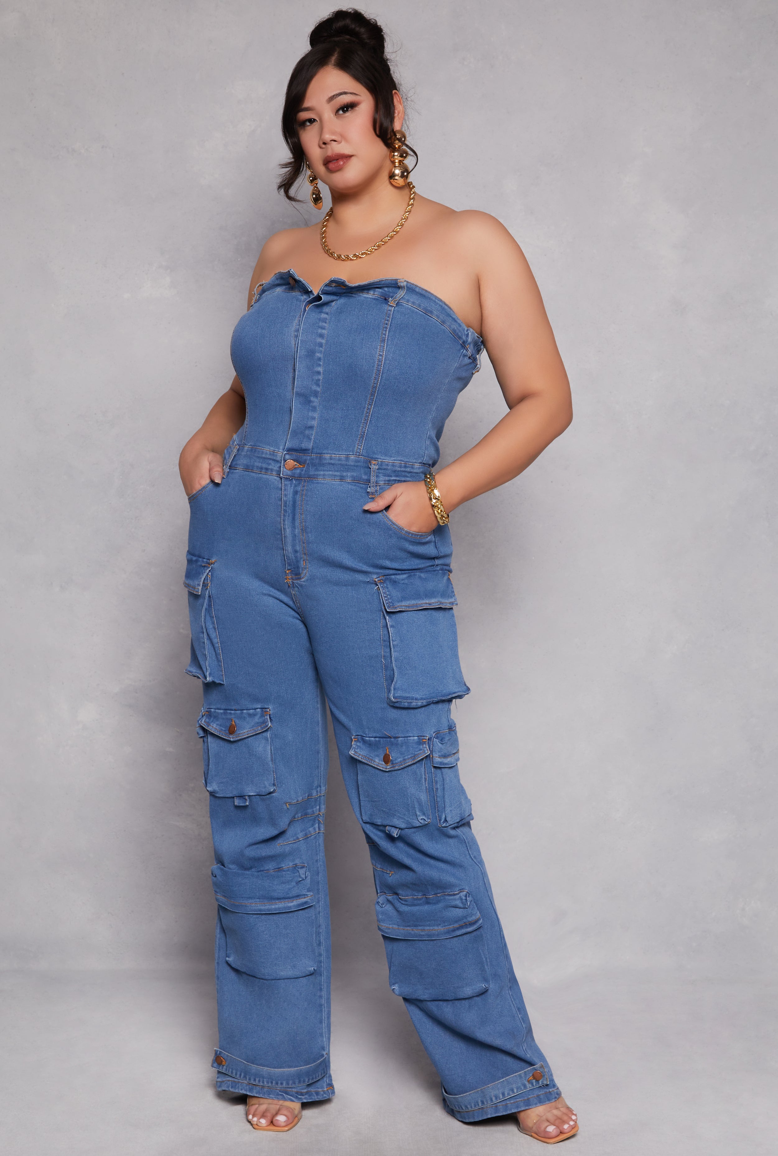 Plus Size Daisy Denim Strapless Utility Jumpsuit、mySite、camillekostekn