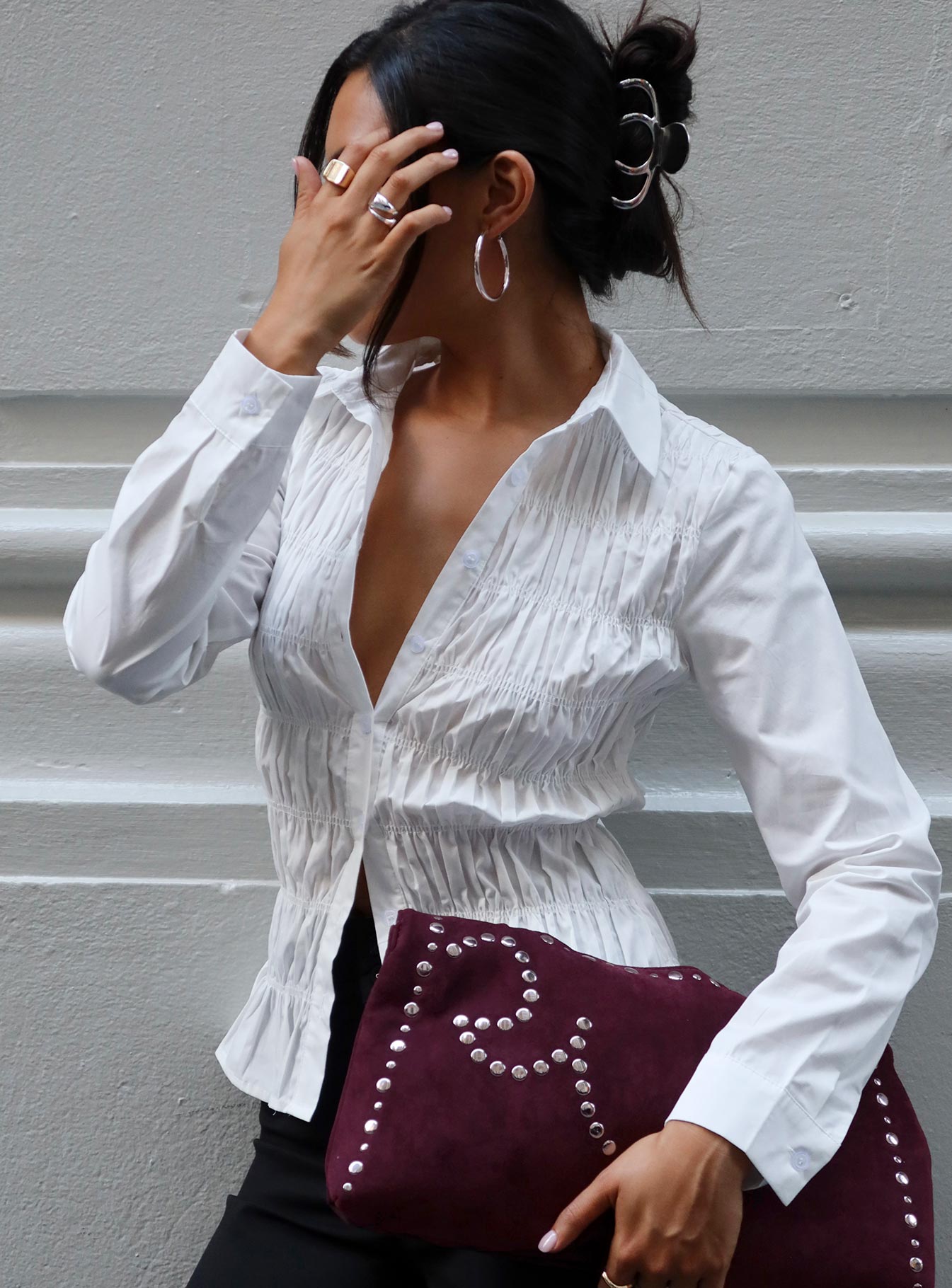 Cultivate Shirred Long Sleeve Top White、mySite、solidvoid