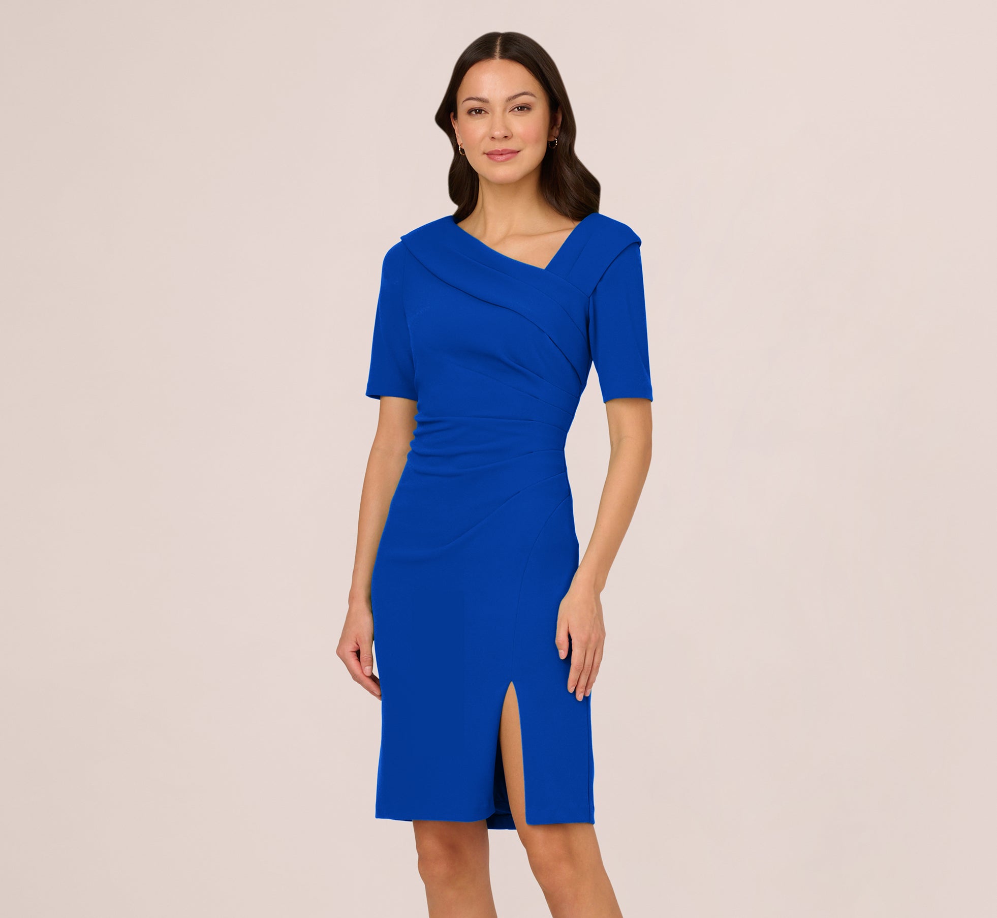 Short Sleeves Sheath Dress With Asymmetrical Neckline In Violet Cobalt、mySite、solidvoid