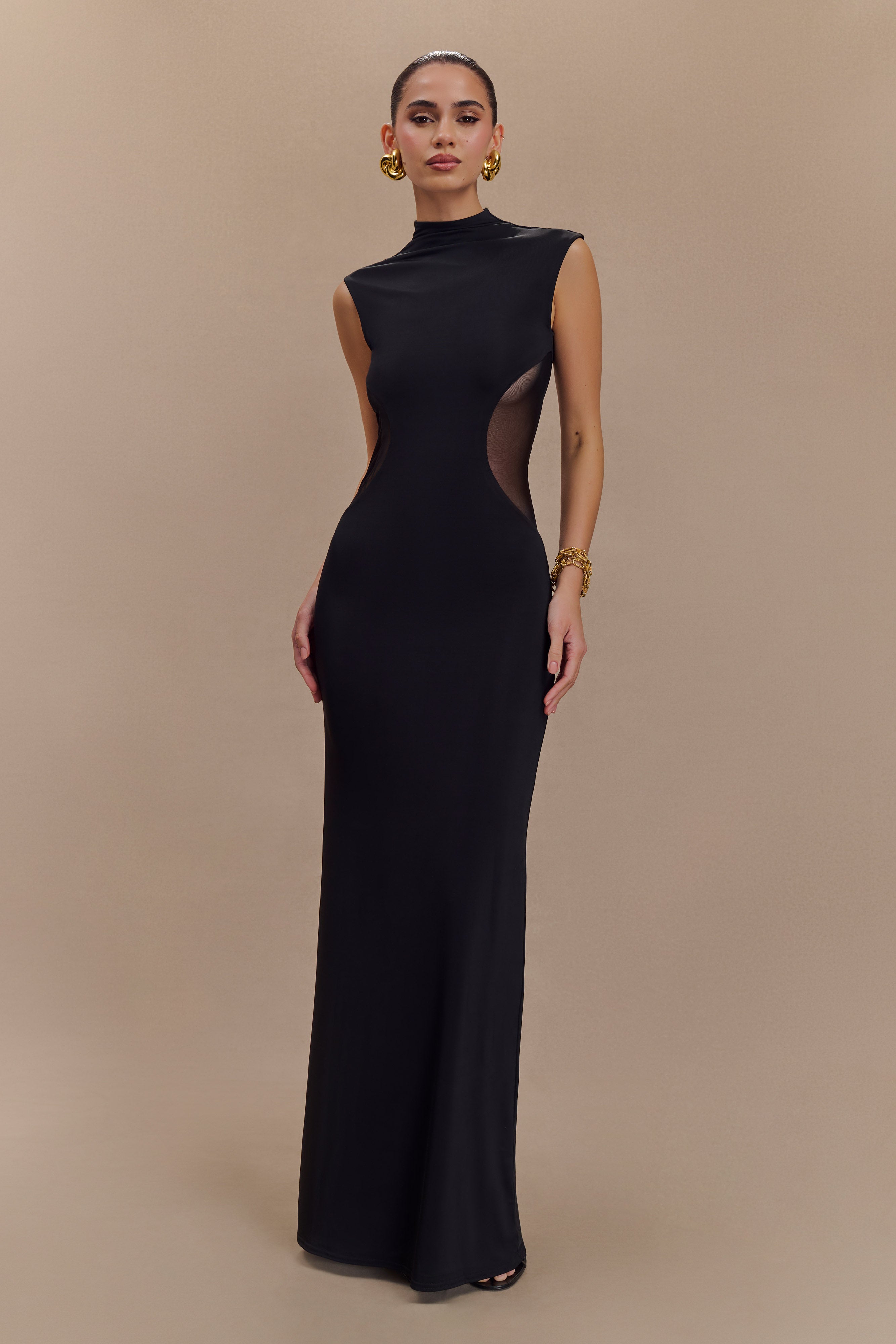 Massie Slinky And Mesh Maxi Dress - Black、mySite、solidvoid