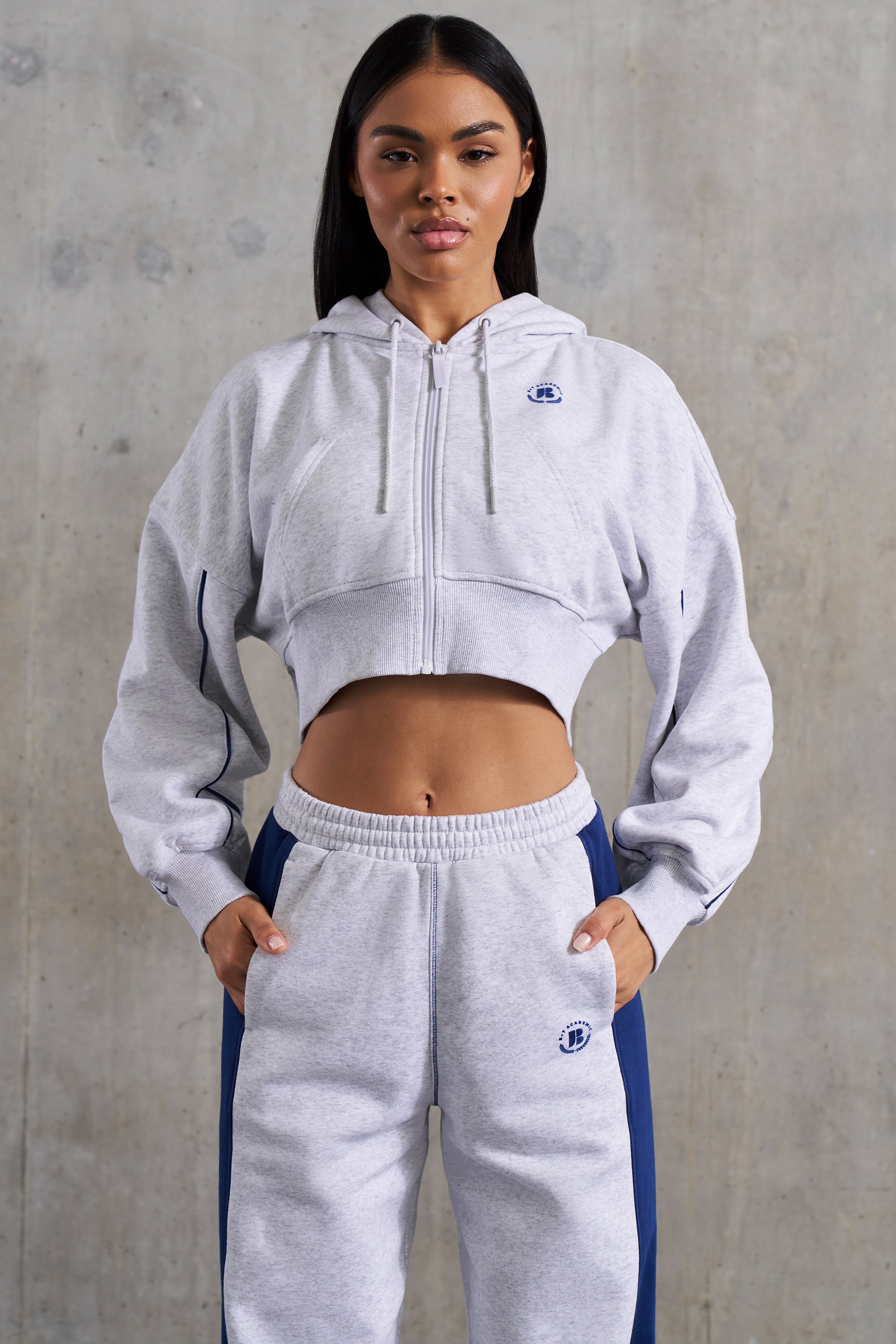 Waffle Lined Cropped Zip Up Hooded Jacket in Heather Grey、mySite、solidvoid