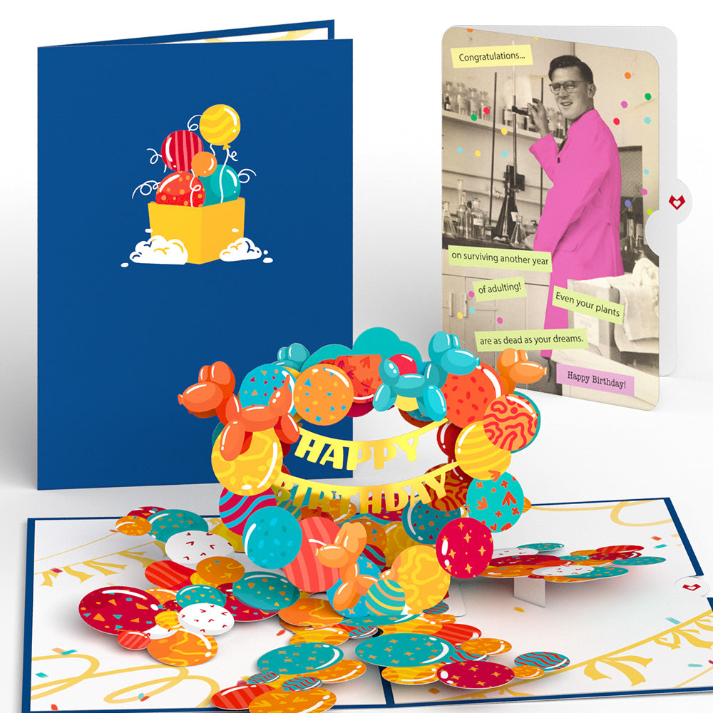 Happy Birthday Banner and Balloons Pop-Up Card and Survive Another Year of Adulting Sentiment Set、mySite、solidvoid