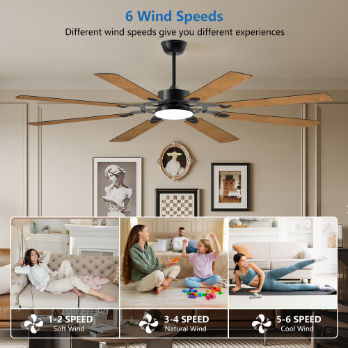 52 Inch Ceiling Fan with Lights and Remote Control, 8 Plywood Blades, 6-Speed Noiseless Reversible DC Motor, 3CCT, Windmill Ceiling fan for Kitchen Bedroom Living Room, Black、、eastwooduniform
