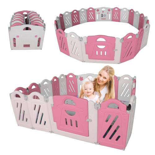16+2 Panel Baby Playpen, Foldable Playard for Baby and Kids, Adjustable Shape Play Fence with Safety Lock Gate (Pink+White,16+2 Panel)、、casual