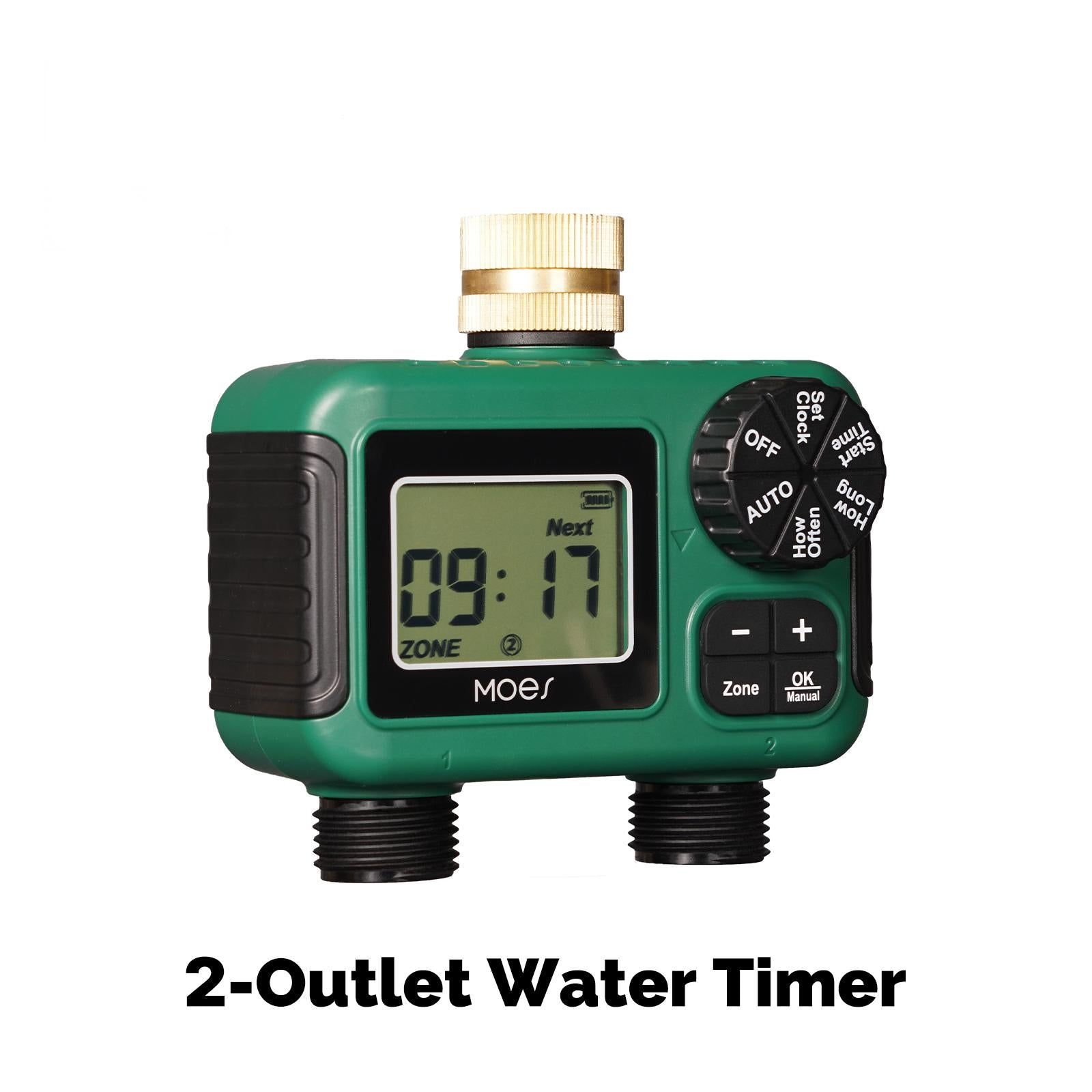 Water Timer For Garden Hose Drip Irrigation 2-Outlet Brass Inlet IPX5 Waterproof US Version、mySite、fannypackpong