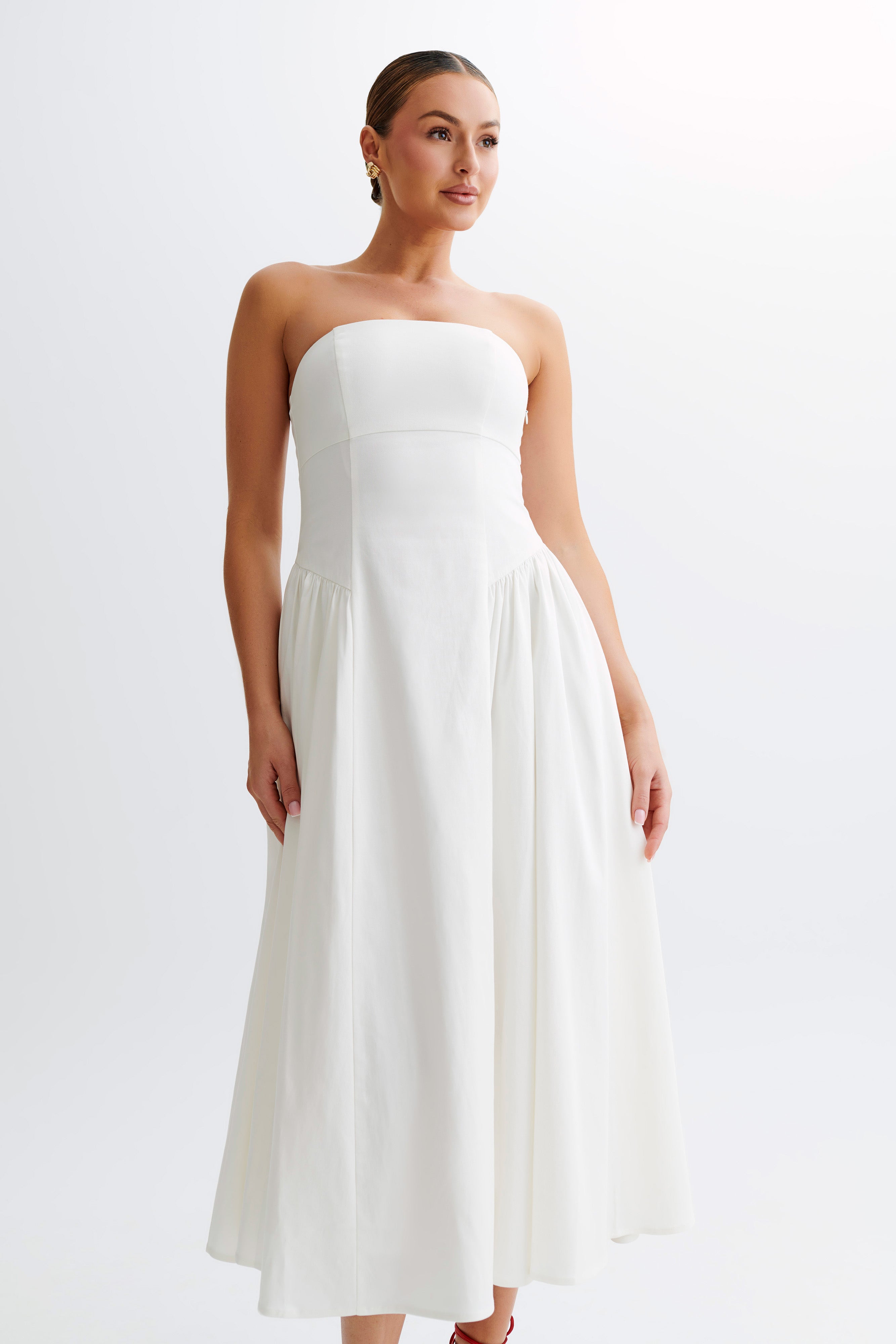 Carmele Cotton Gathered Midi Dress - White、mySite、solidvoid