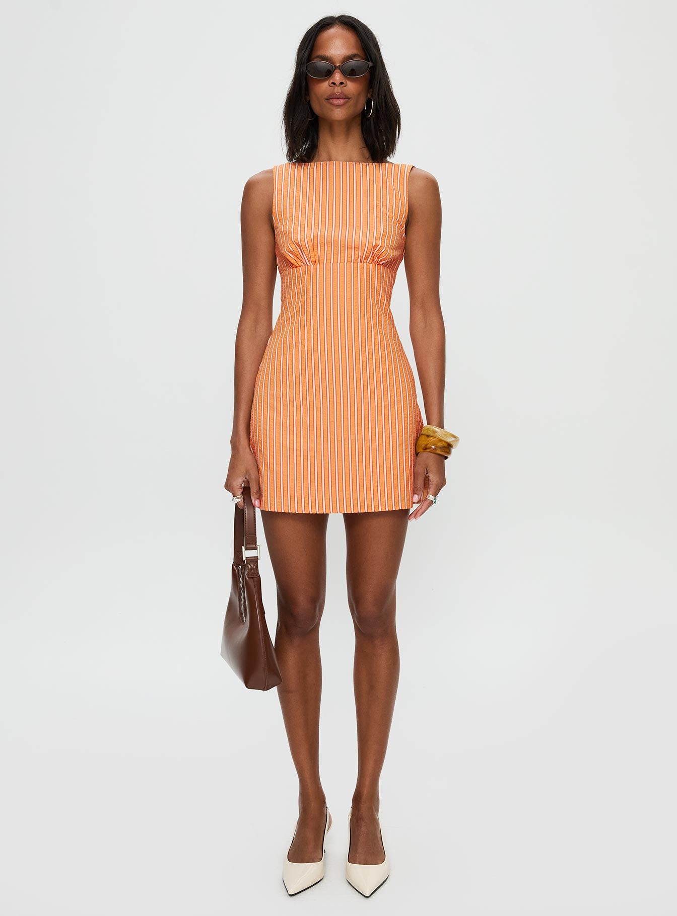 Ellesandra Boat Neck Mini Dress Orange Stripe、mySite、solidvoid