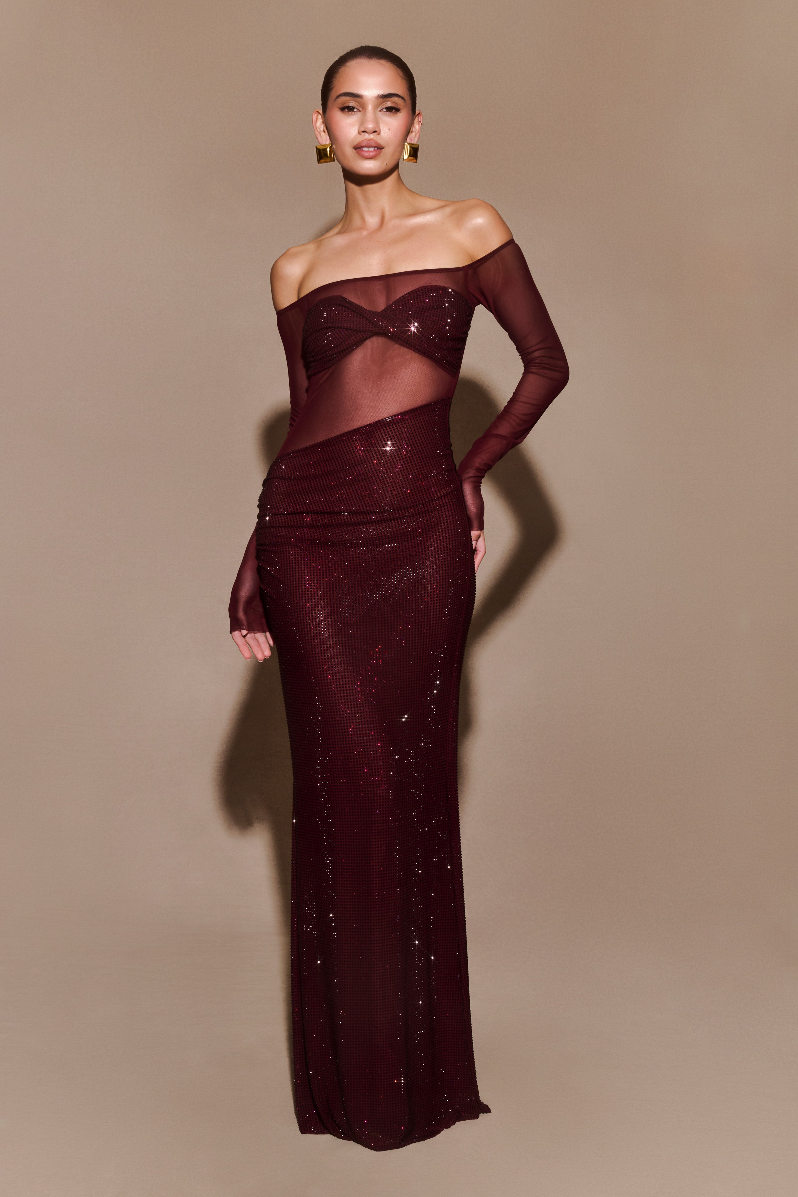 Nash Diamante Off Shoulder Maxi Dress - Mahogany、mySite、solidvoid
