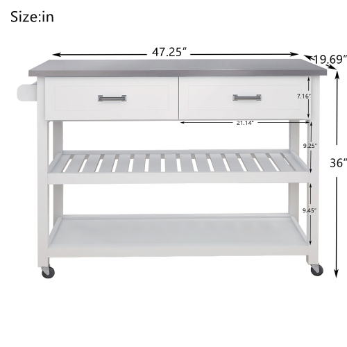 Stainless Steel Table Top White Kicthen Cart With Two Drawers、、casual