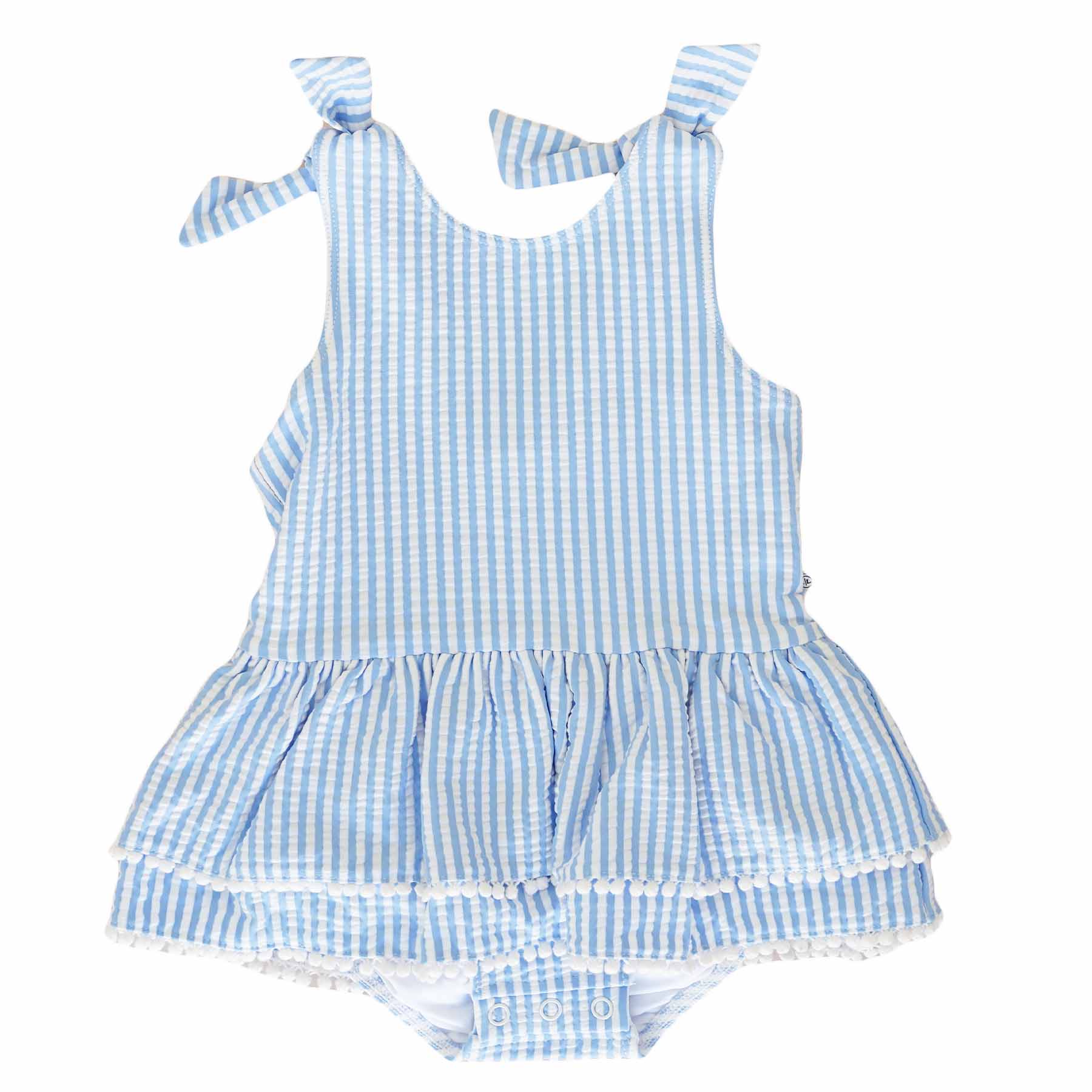  Tiered Skirt with White Pom Trim | Seersucker Blue、mySite、layawaytickets