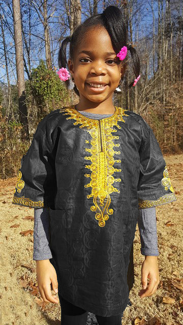 Girls-Boys Black Dashiki with Gold Embroidery-DPC104、mySite、solidvoid