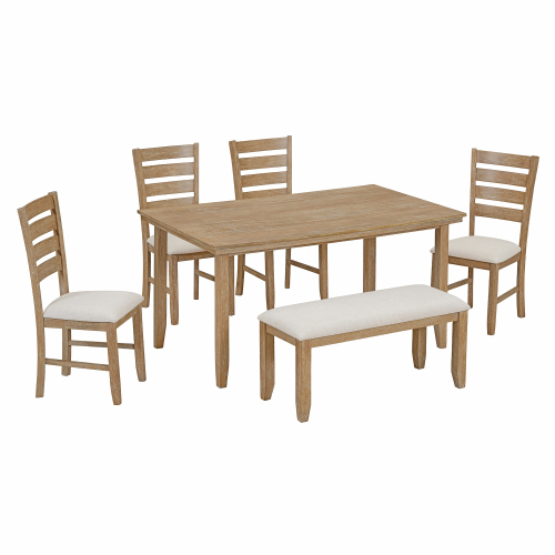 TREXM Dining Room Table and Chairs with Bench, Rustic Wood Dining Set, Set of 6 (Gray)、、casual