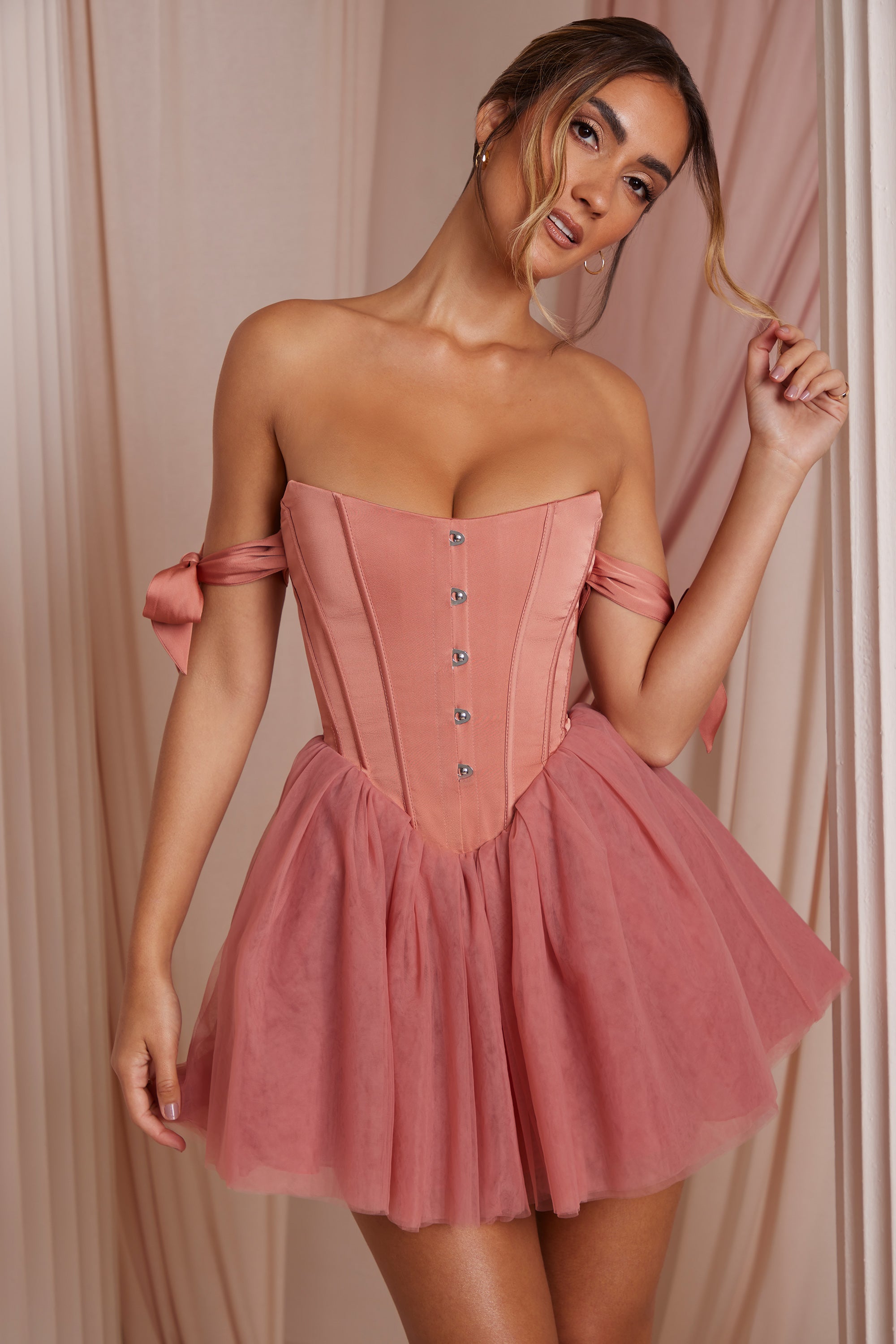 Off Shoulder Tulle Skirt Mini Dress in Terracotta、mySite、solidvoid