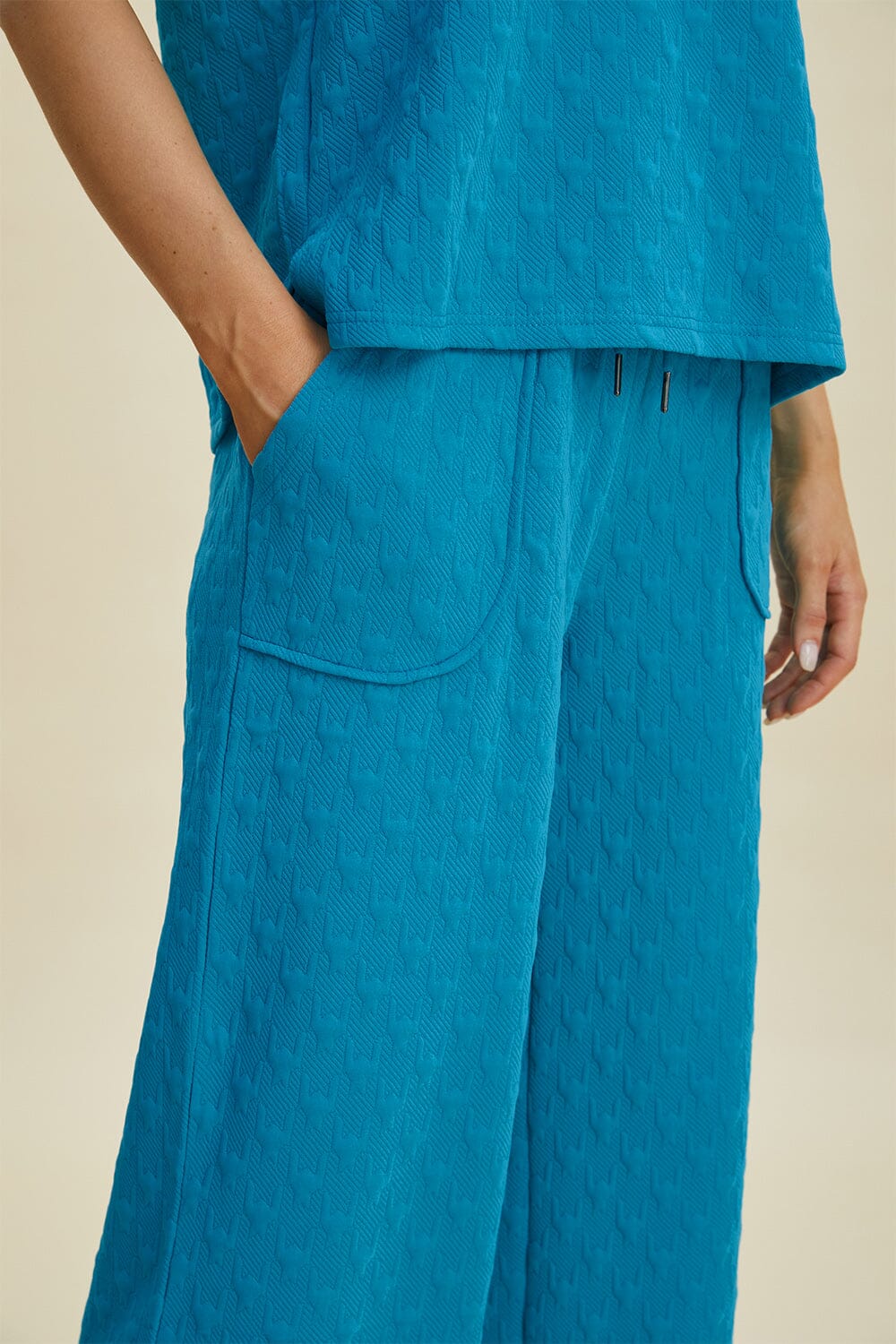 Double Take Full Size Texture Drawstring Short Sleeve Hoodie and Pocketed Pants Set、mySite、camillekostekn