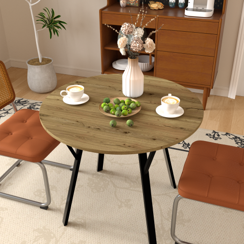 31.5 Inch Round Dining Table, Small Circle Kitchen Table with Metal Black Legs for 2-4 people,Modern Dining Room Table, Brown (only table)、、casual
