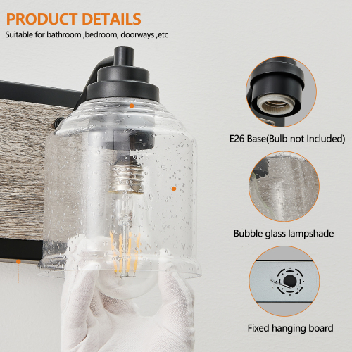 40&quot; Farmhouse Vanity Light Fixture, 5-Light Bathroom Wall Sconce with Clear Seeded Glass Shades, Black and Wood Grain Finish, Modern Industrial Design for Bathroom or Powder Room (No Bulbs)、、eastwooduniform