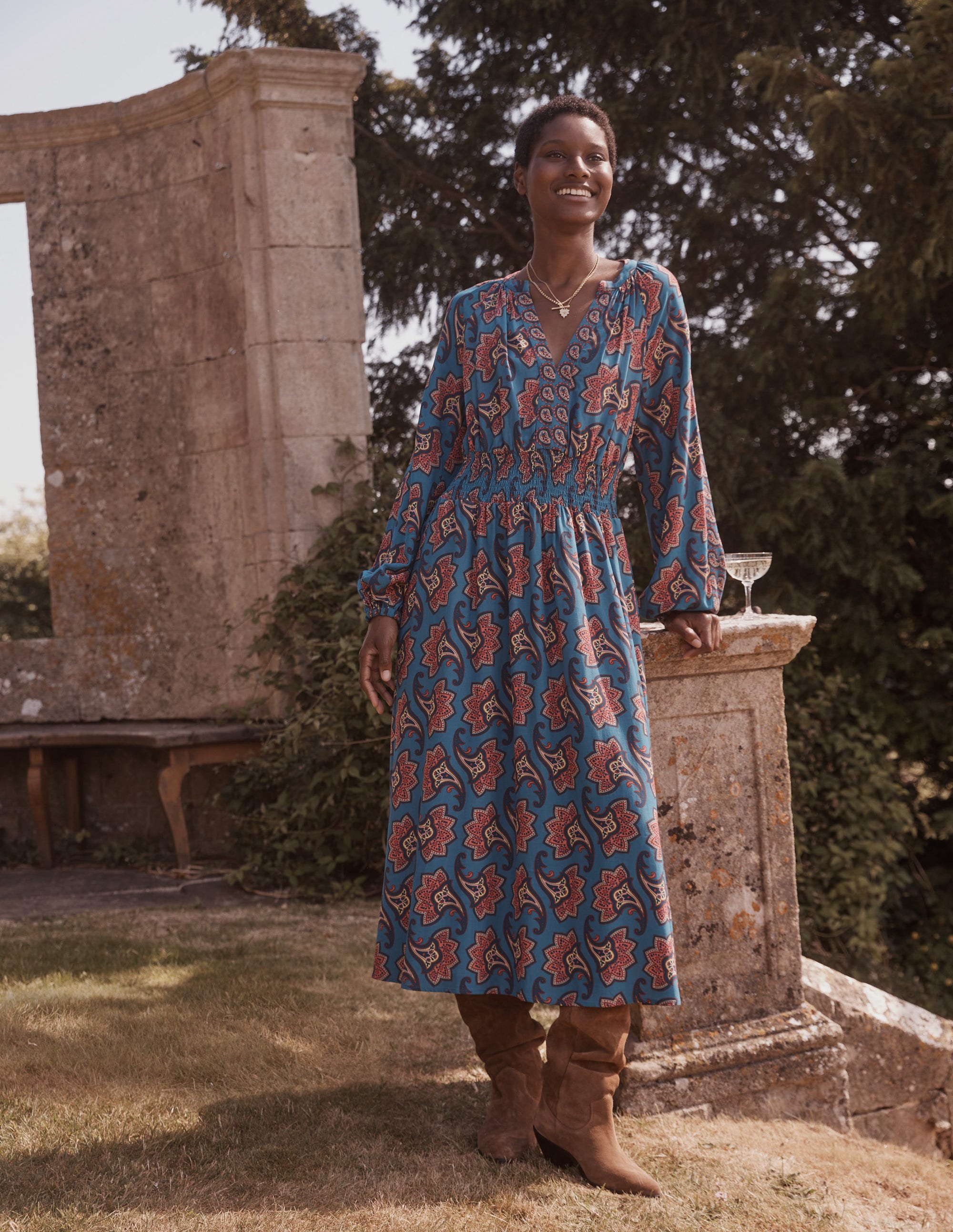  Border Print Raglan Midi Dress-Aegean Blue, Paisley Amaryllis、mySite、ashleygrahame