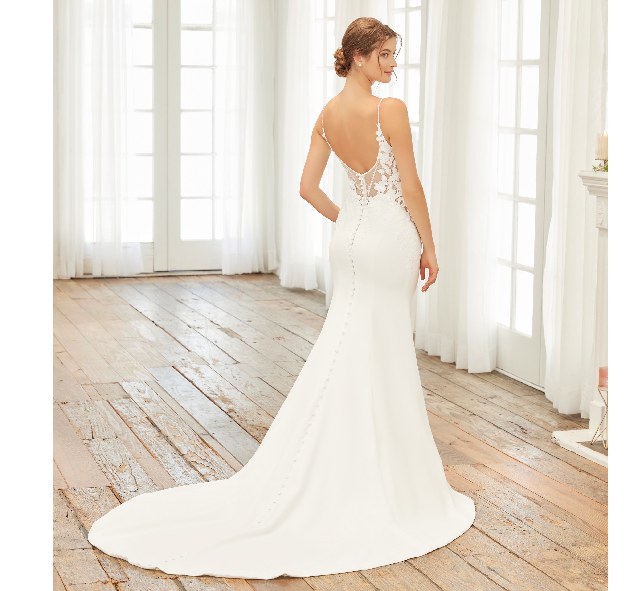 Crepe And Lace Fit-And-Flare Gown With Detachable Long Sleeves In Ivory Nude、mySite、solidvoid