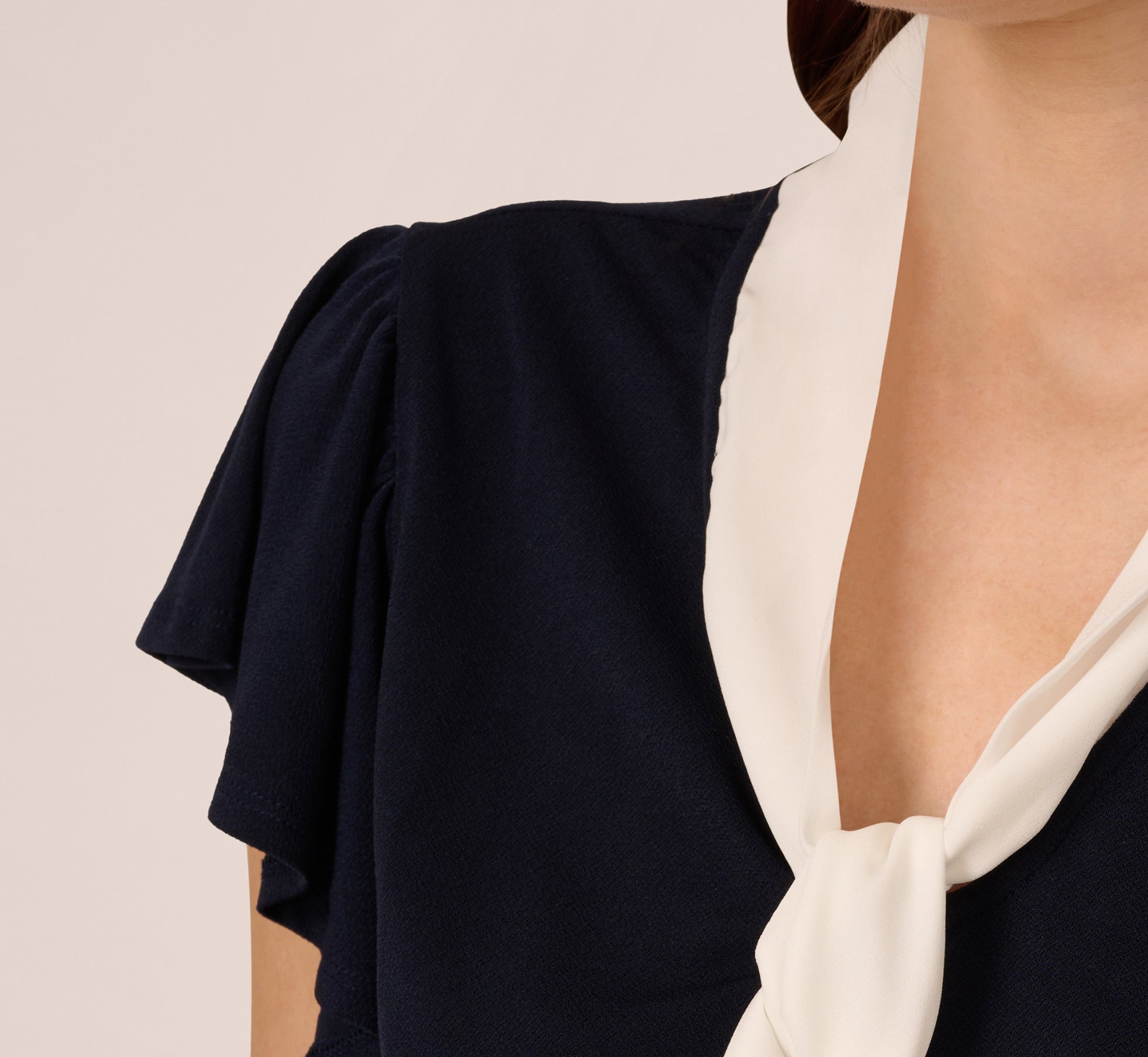 Flutter Sleeve Tie Neck Knit Top In Navy Ivory、mySite、solidvoid