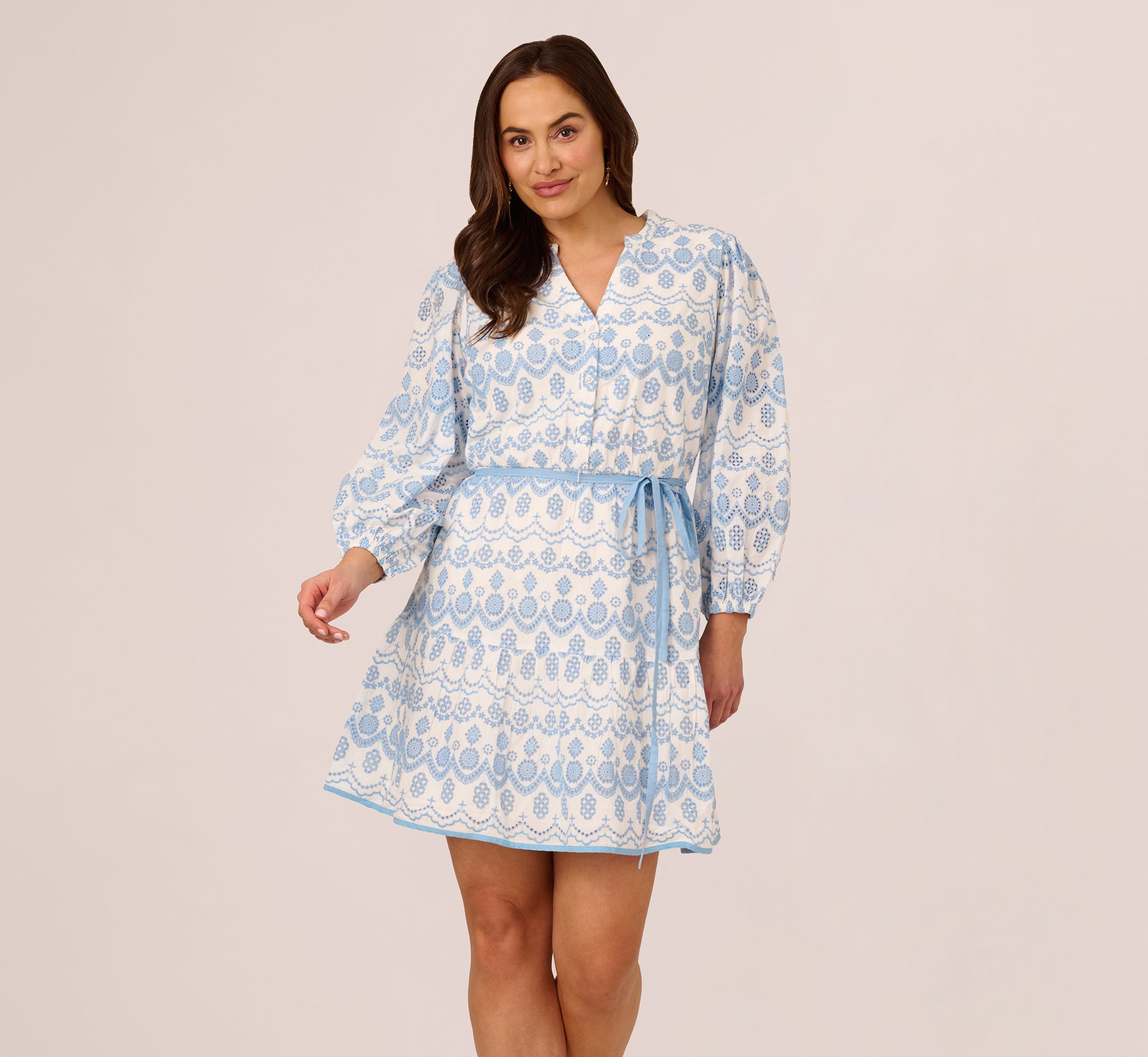 Plus Size Long Sleeve Flounce Eyelet Shirt Dress In Light Blue Ivory、mySite、solidvoid