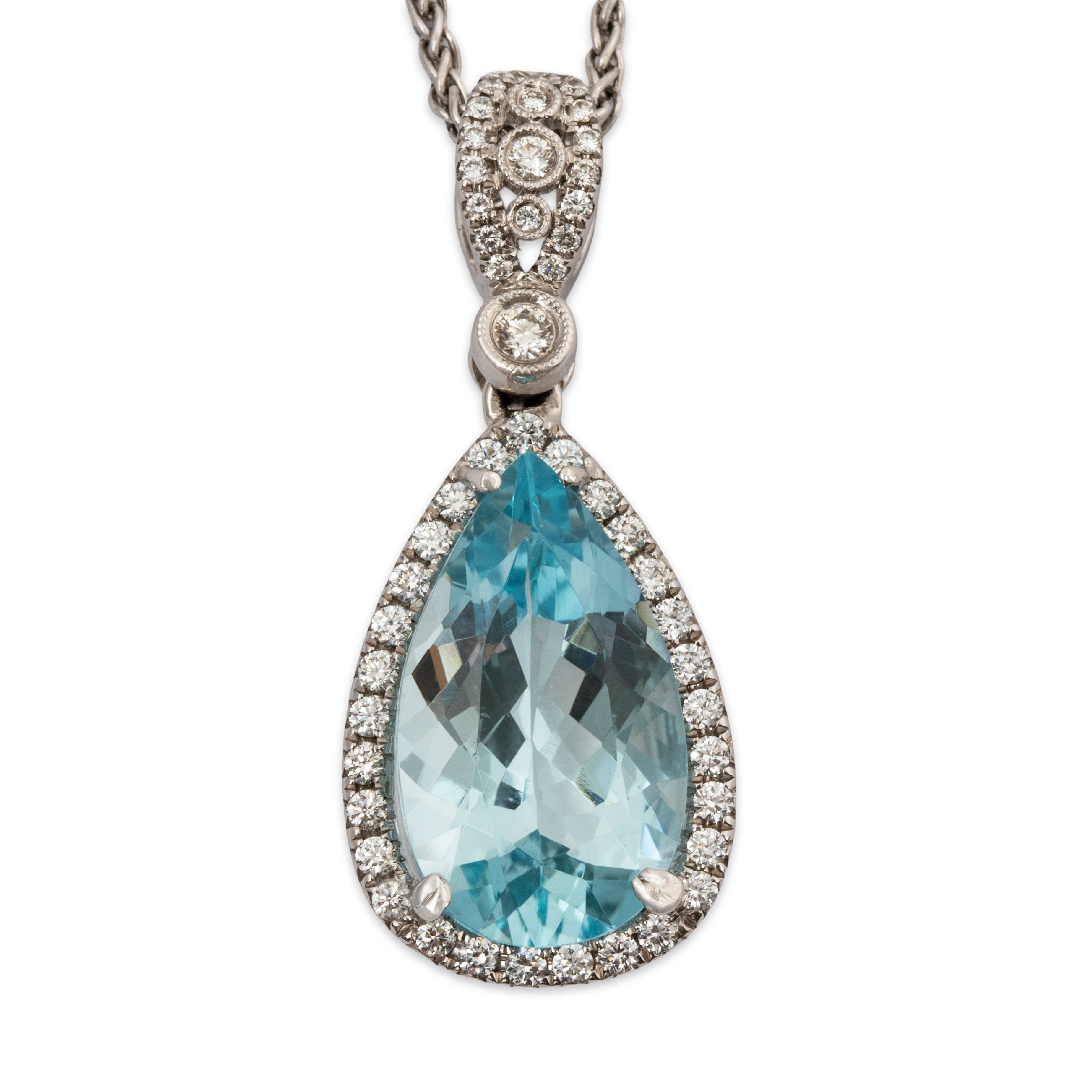 Vintage 18k White Gold 4.8ct Aquamarine Diamond Halo Wheat Chain Necklace 18、mySite、hinf8tx79