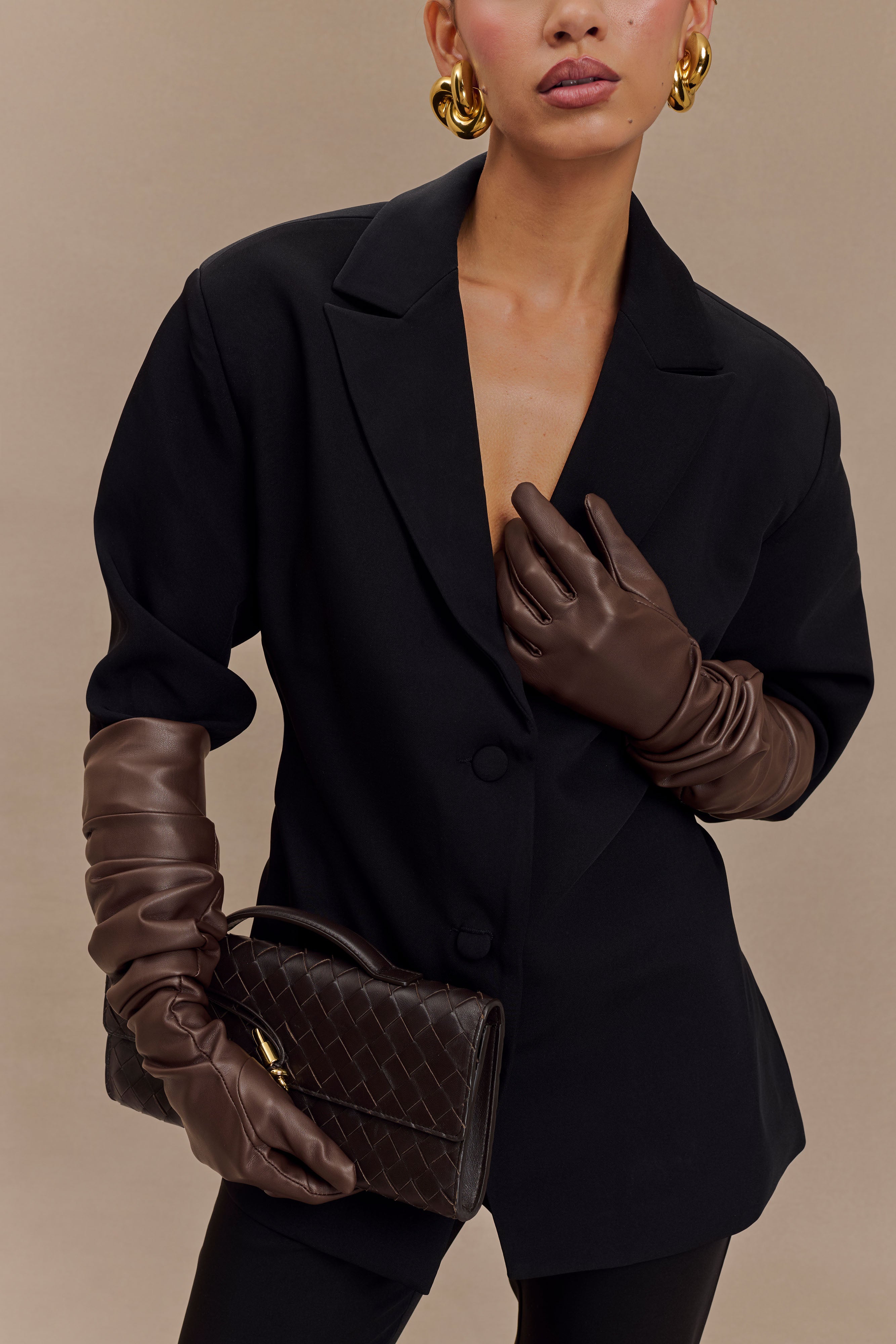 Jasper Faux Leather Elbow Length Gloves - Dark Chocolate、mySite、solidvoid