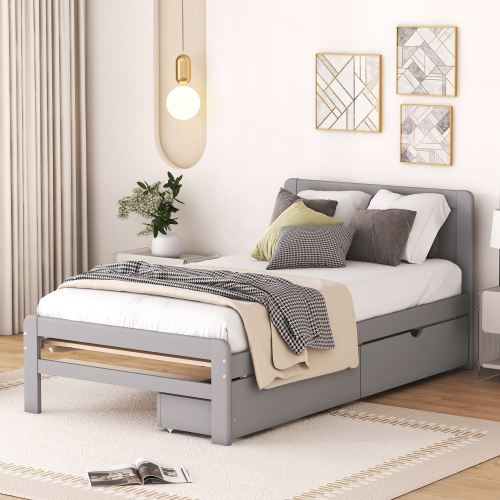 Modern Design Twin Size Platform Bed Frame with 2 Drawers for Walnut Color、、xpatfood