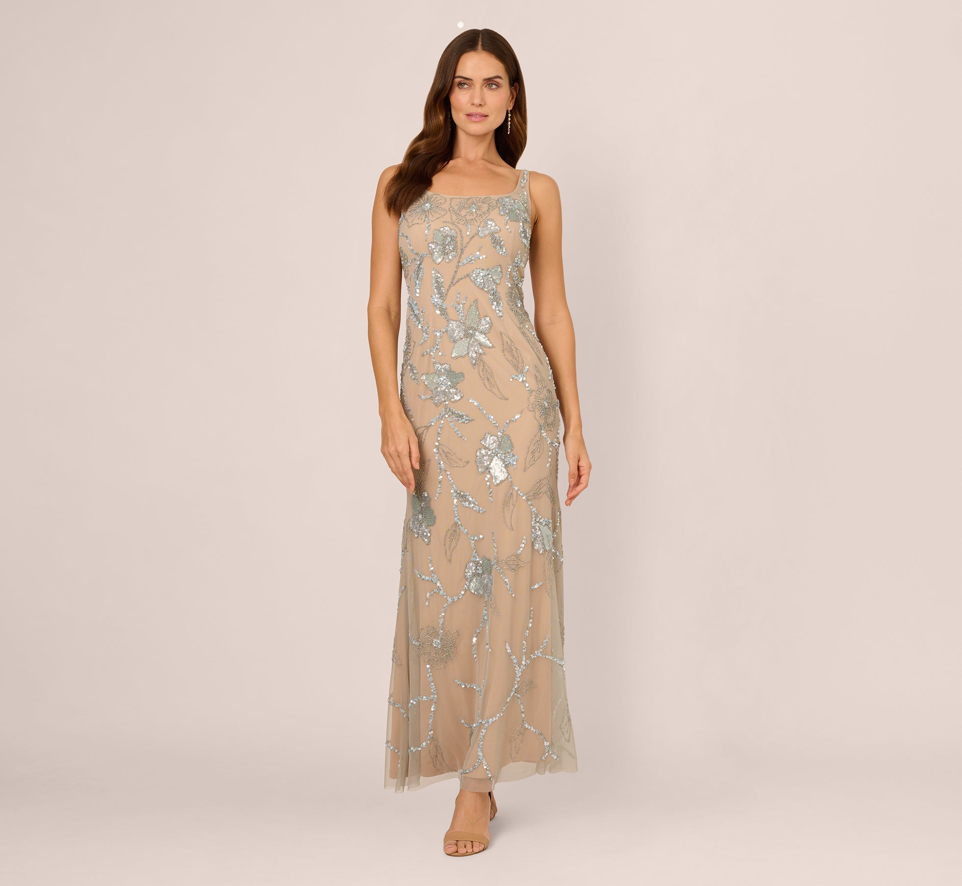 Sleeveless Square Neck Beaded Mermaid Gown In Frosted Sage Nude、mySite、solidvoid